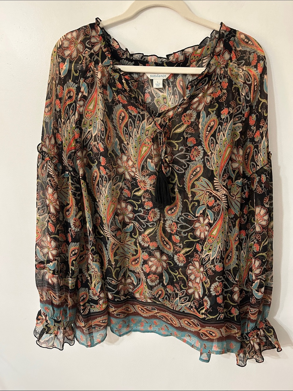 Sundance Silk Sheer Paisley Floral Tassel Blouse Ruffled Bohemian Details Large
